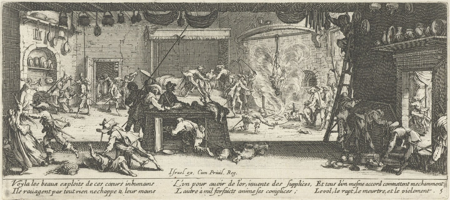 Plünderung eines Hauses: Jacques Callot, Blatt 5 der Folge „Les Misères et les Malheurs de la Guerre“, 1633. Die Radierung zeigt Kriegsgewalt gegen die Bevölkerung; sie stellt keinen bestimmten Vorfall in Iglau dar.