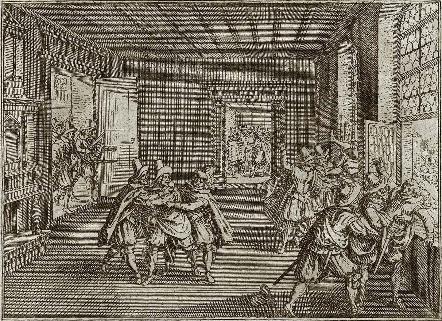 Pražská defenestrace 23. května 1618. Mědiryt z díla „Theatrum Europaeum“, zde z vydání z roku 1662 – pozdější zobrazení události.
